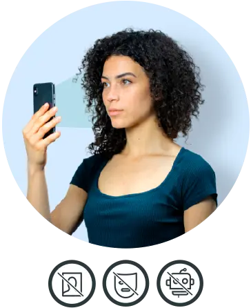 Woman scanning her face with her smartphone with symbols beneath representing the liveness and anti-spoofing technology that Yoti uses when verifying identities